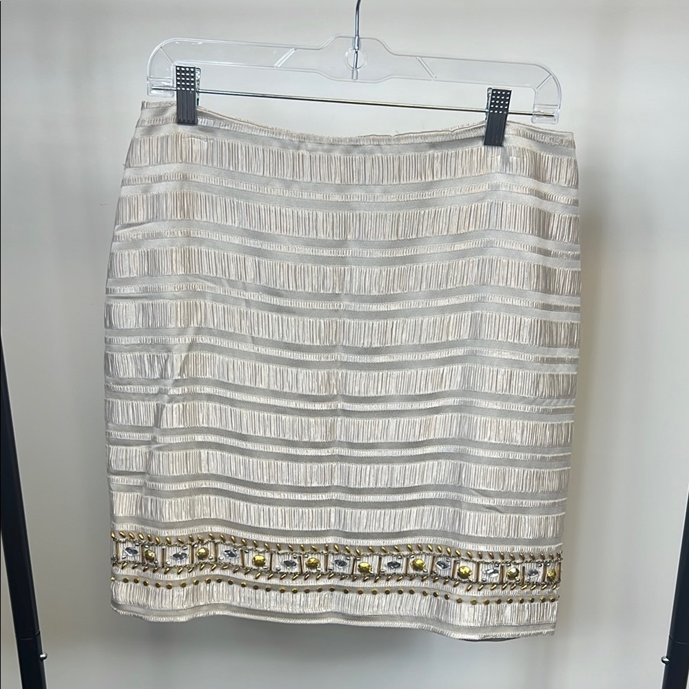 Miami Women’s Cream Gold Silver Shimmery Smocked Glamorous Chic Mini Skirt Large